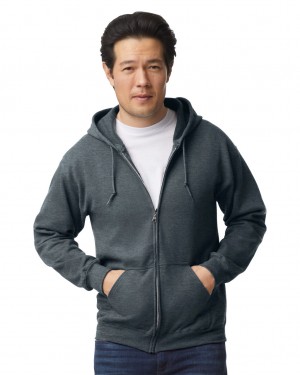 Men's Gildan 18600 Full Zip Hoodie Sweatshirt Dark Heather | RWIT08923