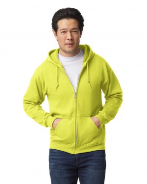 Men's Gildan 18600 Full Zip Hoodie Safety Green | ZYUM10754