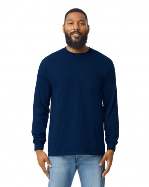 Men's Gildan 2410 Long Sleeve with Pocket T-Shirts Navy | YEUF41075