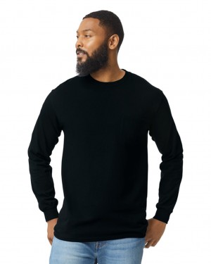 Men's Gildan 2410 Long Sleeve with Pocket T-Shirts Black | VOTL93502