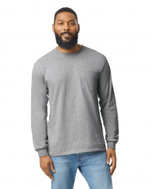 Men's Gildan 2410 Long Sleeve with Pocket T-Shirts Sport Grey | CQRI30176