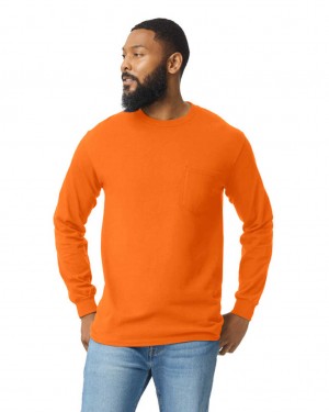 Men's Gildan 2410 Long Sleeve with Pocket T-Shirts S Orange | XDYM89435