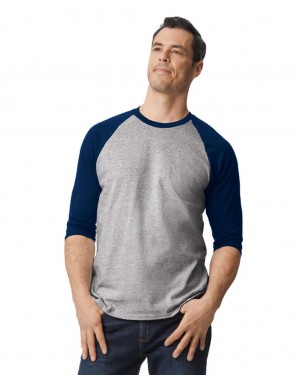 Men's Gildan 5700 3/4 Raglan T-Shirts Sport Grey / Navy | TPMY87923