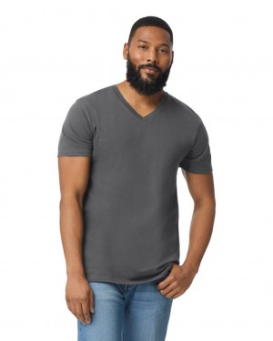 Men's Gildan 64V00 V-Neck T-Shirts Charcoal | MTRU07834