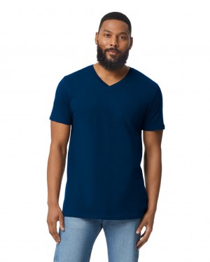 Men's Gildan 64V00 V-Neck T-Shirts Navy | DCKM59084