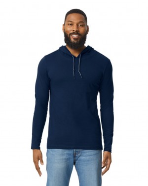 Men's Gildan 987 Long Sleeve Hoodie T-Shirts Navy | SWYN09524