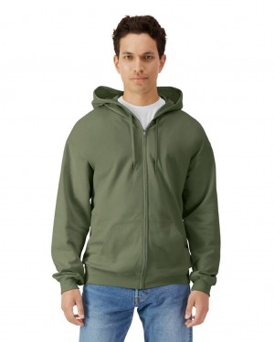 Men's Gildan SF600 Midweight Fleece Full Zip Hoodie Sweatshirt Military Green | UNLE89631