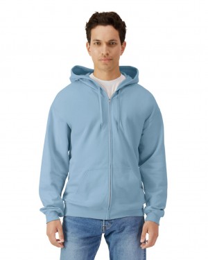 Men's Gildan SF600 Midweight Fleece Full Zip Hoodie Sweatshirt Stone Blue | SNAJ40391