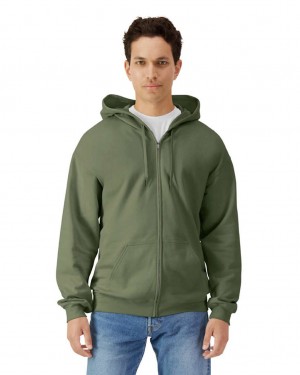 Men's Gildan SF600 Midweight Fleece Full Zip Hoodie Military Green | WQDX07632