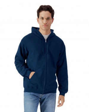 Men's Gildan SF600 Midweight Fleece Full Zip Hoodie Navy | LNYW53981