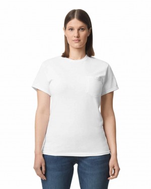 Women's Gildan 2300 with Pocket T-Shirts White | GKJR74359