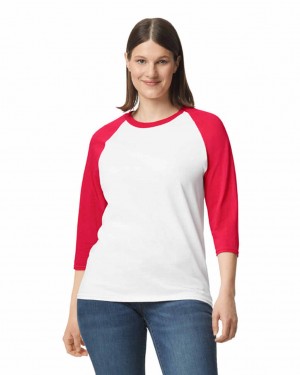 Women's Gildan 5700 3/4 Raglan T-Shirts White / Red | UEJM96045