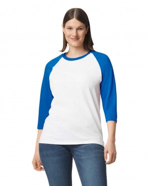 Women's Gildan 5700 3/4 Raglan T-Shirts White / Royal | QVYE67835