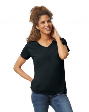 Women's Gildan 5V00L V-Neck T-Shirts Black | KPFY63459