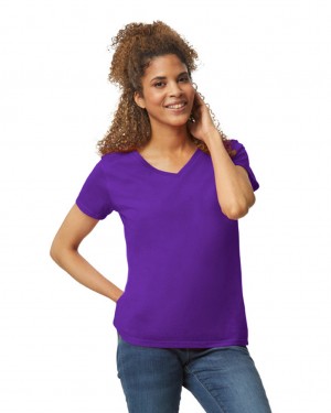 Women's Gildan 5V00L V-Neck T-Shirts Purple | DAUS61095