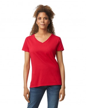 Women's Gildan 5V00L V-Neck T-Shirts Red | GNVU42719