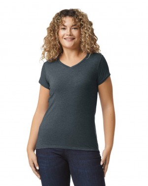 Women's Gildan 64V00L V-Neck T-Shirts Dark Heather | MYZS84235