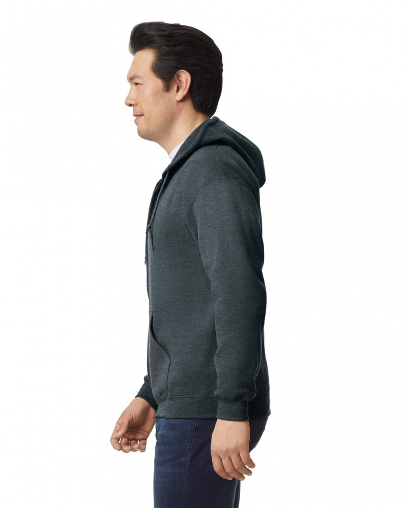 Men's Gildan 18600 Full Zip Hoodie Dark Heather | QXJC95837