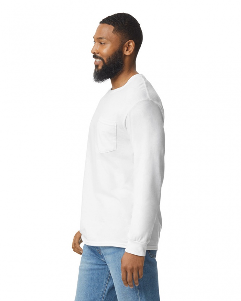 Men's Gildan 2410 Long Sleeve with Pocket T-Shirts White | ANIO91485