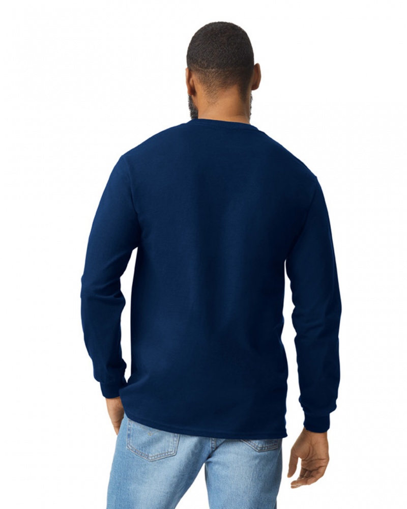 Men's Gildan 2410 Long Sleeve with Pocket T-Shirts Navy | YEUF41075