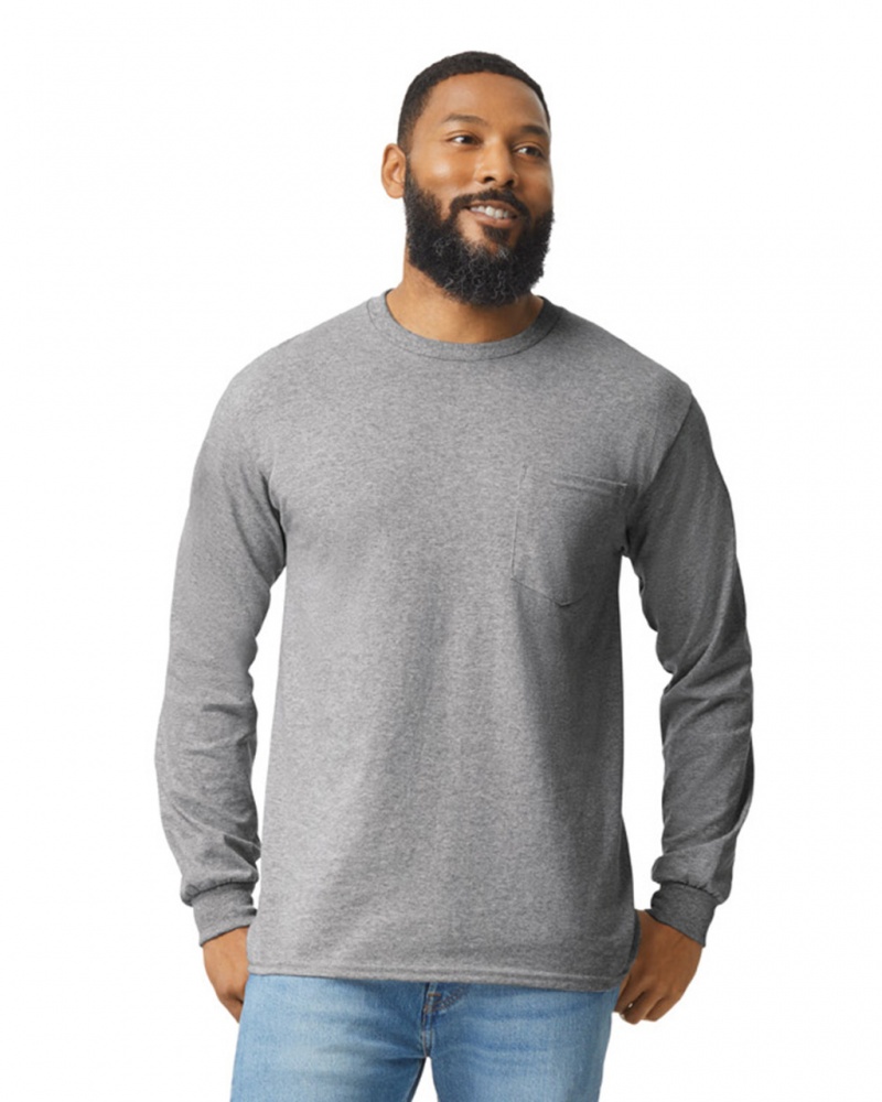 Men's Gildan 2410 Long Sleeve with Pocket T-Shirts Sport Grey | CQRI30176