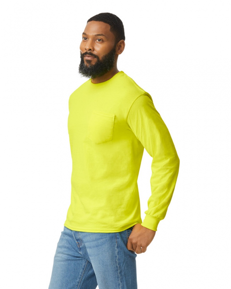 Men's Gildan 2410 Long Sleeve with Pocket T-Shirts Safety Green | CNOX63408