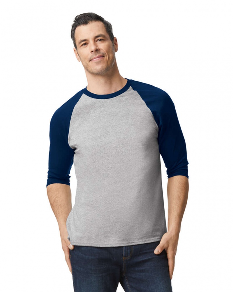 Men's Gildan 5700 3/4 Raglan T-Shirts Sport Grey / Navy | TPMY87923