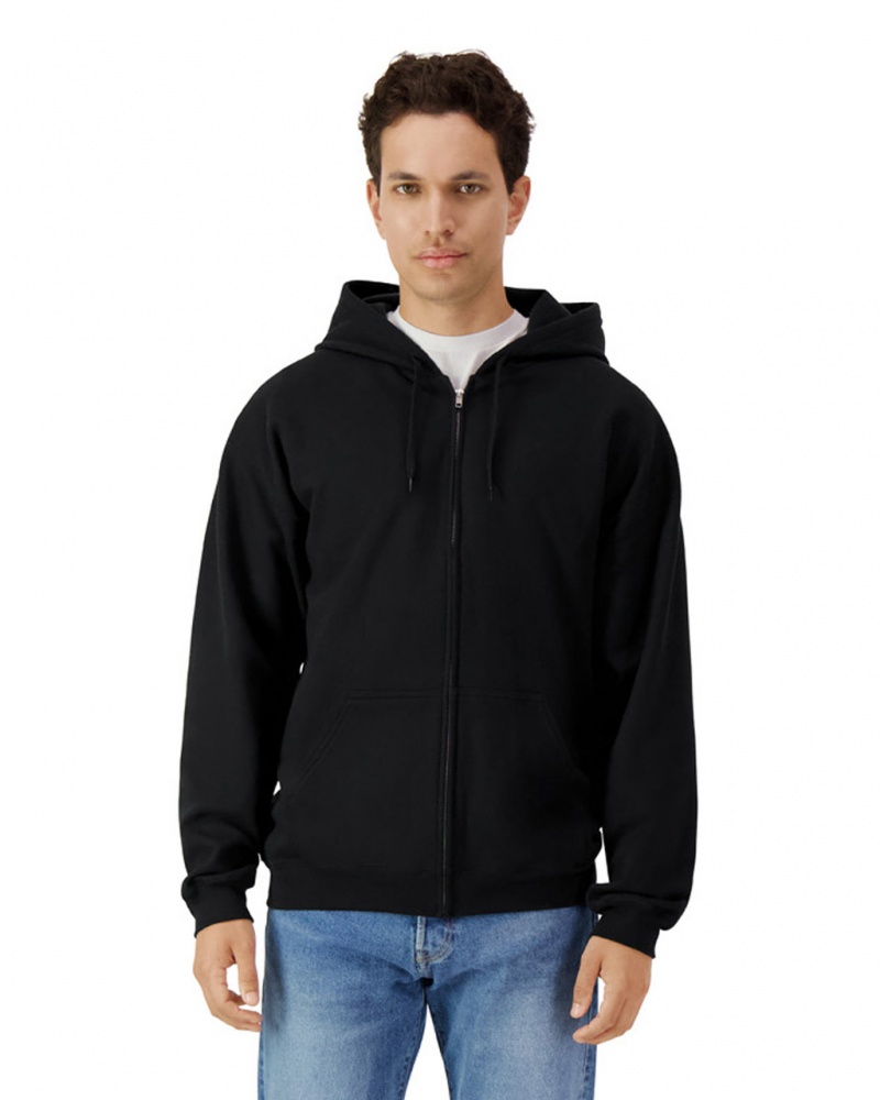 Men's Gildan SF600 Midweight Fleece Full Zip Hoodie Sweatshirt Black | AILP79015