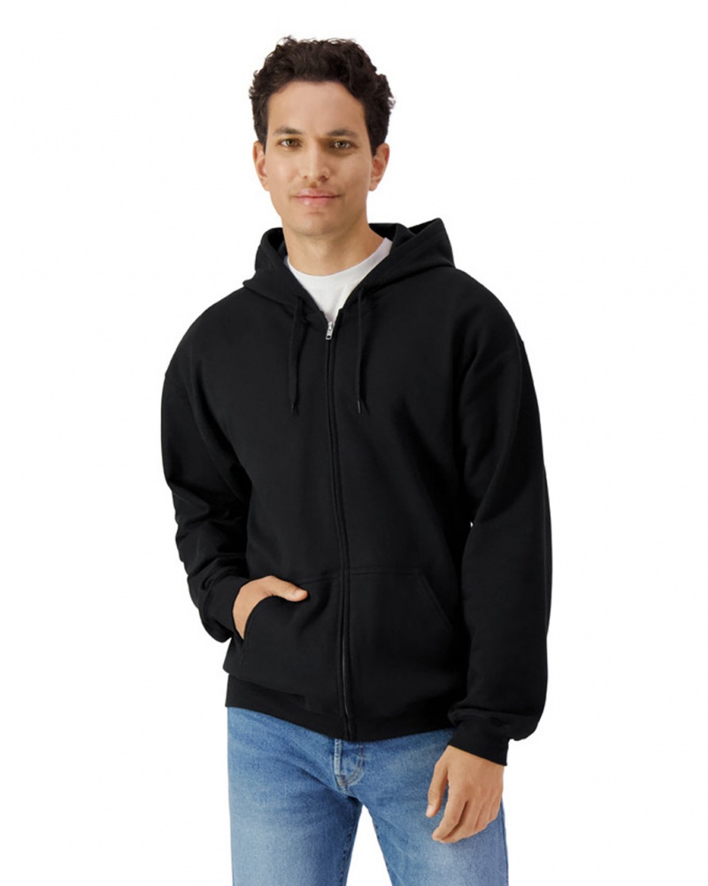 Men\'s Gildan SF600 Midweight Fleece Full Zip Hoodie Sweatshirt Black | AILP79015