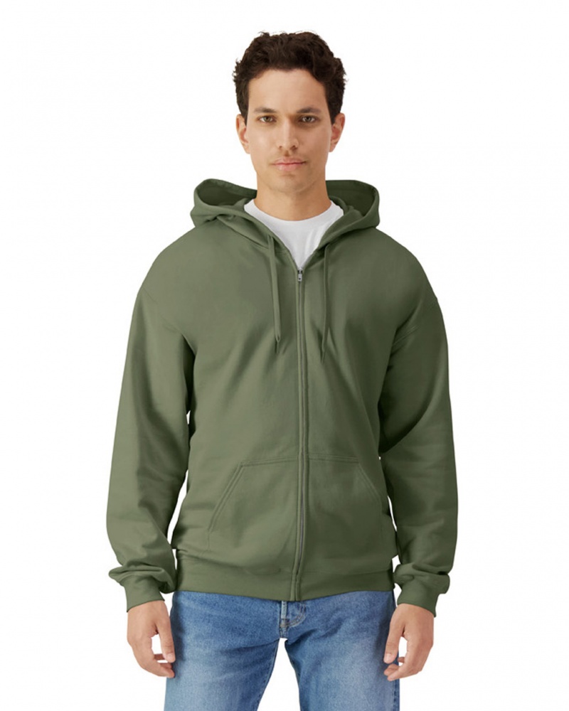 Men\'s Gildan SF600 Midweight Fleece Full Zip Hoodie Sweatshirt Military Green | UNLE89631