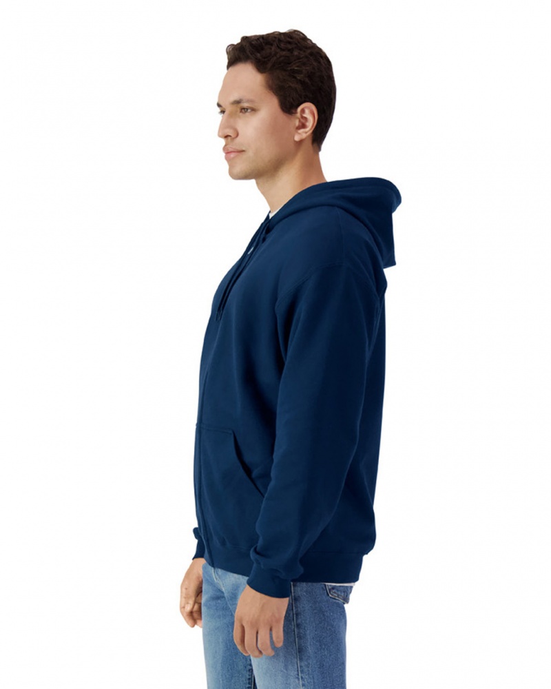 Men's Gildan SF600 Midweight Fleece Full Zip Hoodie Sweatshirt Navy | USXR84256