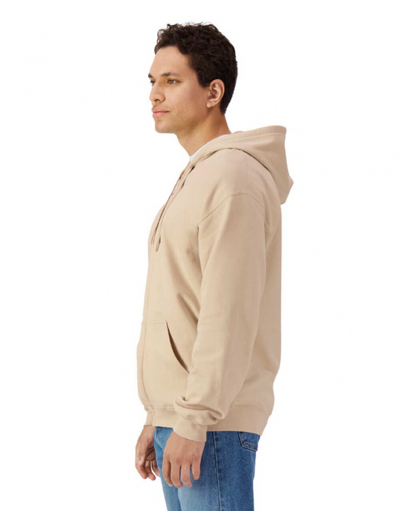 Men's Gildan SF600 Midweight Fleece Full Zip Hoodie Sweatshirt Sand | QONG16729