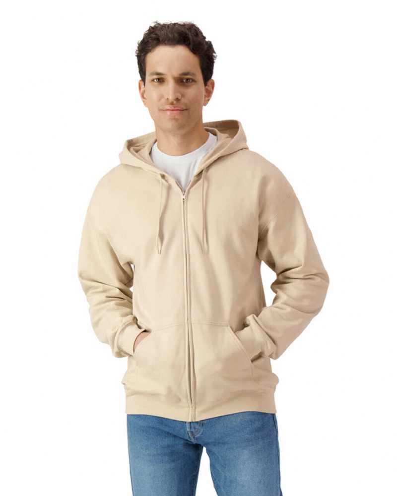 Men\'s Gildan SF600 Midweight Fleece Full Zip Hoodie Sweatshirt Sand | QONG16729