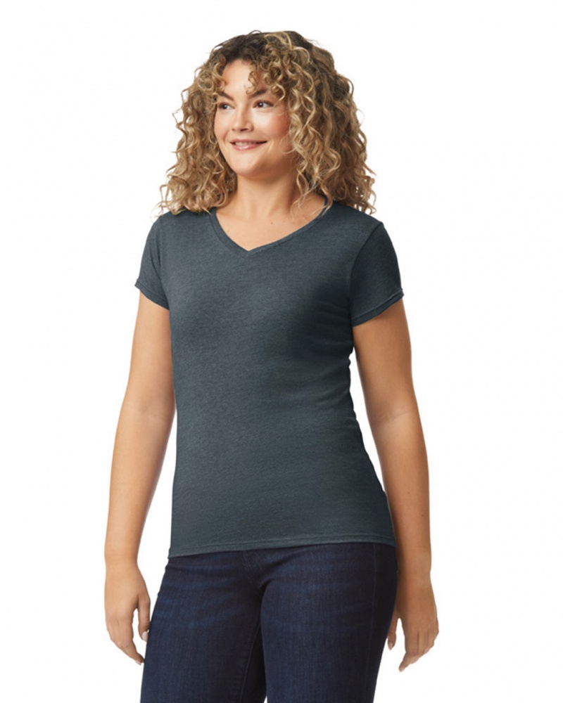 Women's Gildan 64V00L V-Neck T-Shirts Dark Heather | MYZS84235