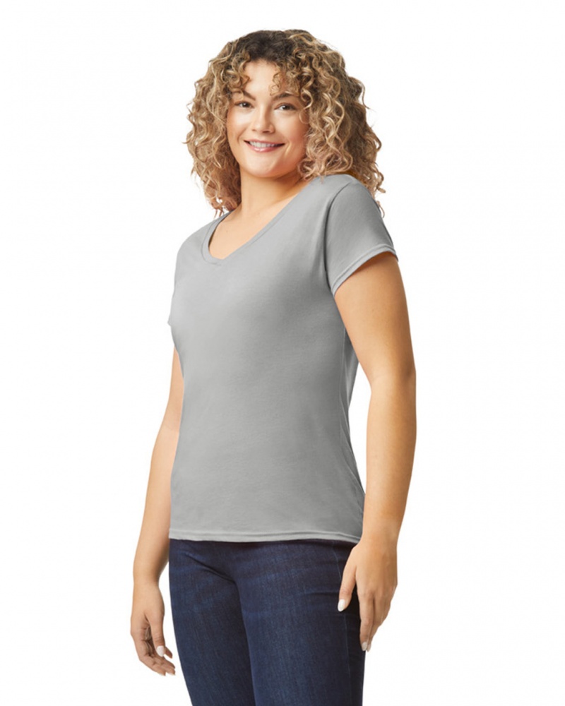 Women's Gildan 64V00L V-Neck T-Shirts Ring Spun Sport Grey | IGVC93862